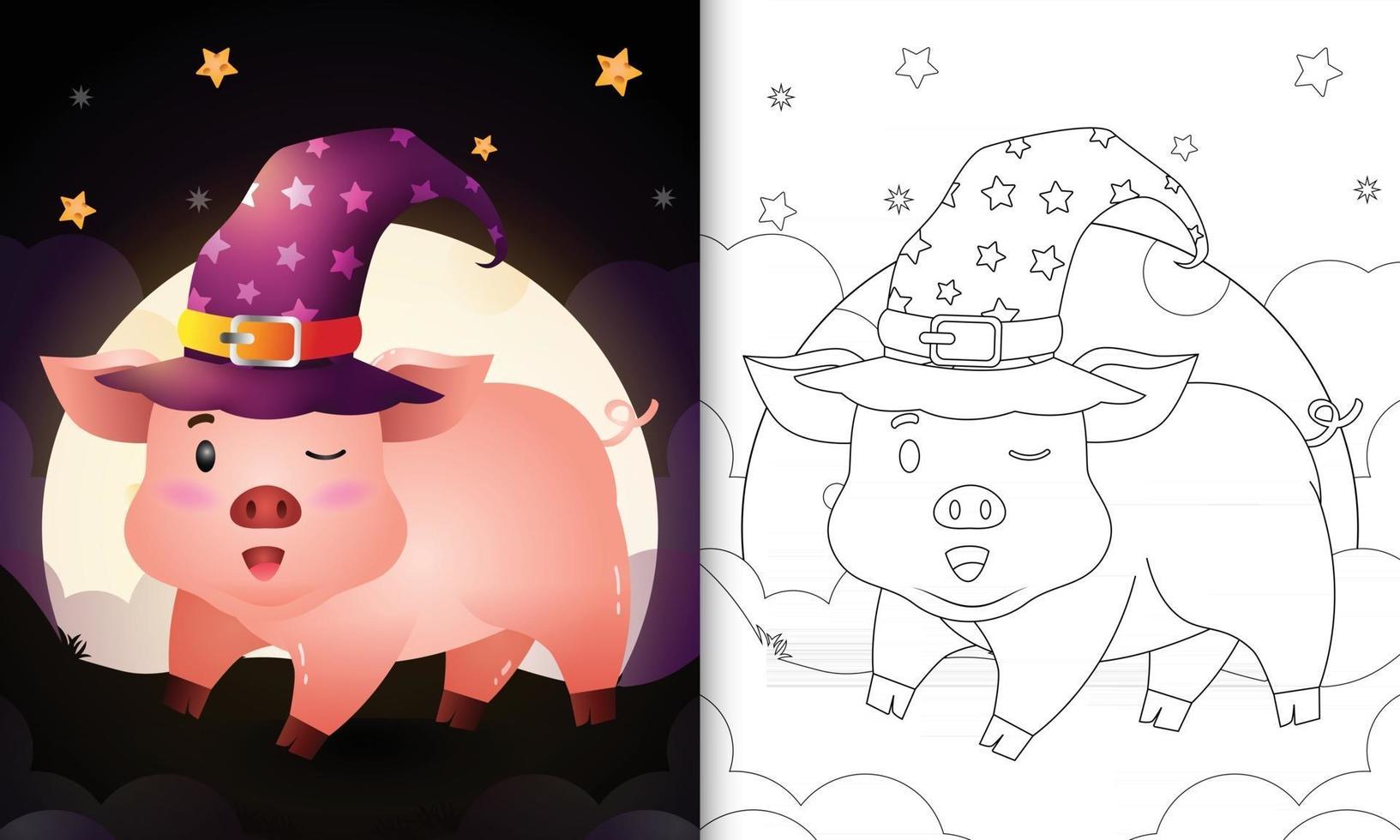 livro para colorir com um desenho animado fofo bruxa porco na frente da lua vetor