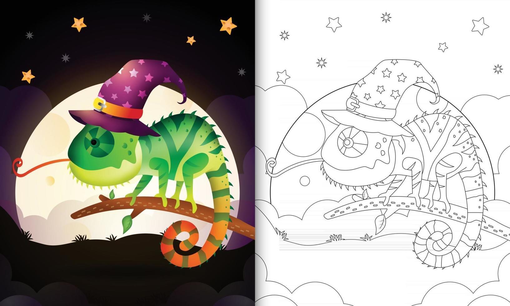 livro para colorir com um lindo desenho animado da bruxa camaleão vetor