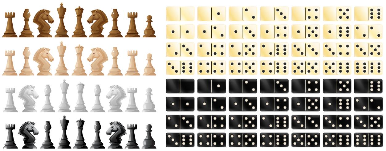 Peças de xadrez e dominó em preto e branco vetor