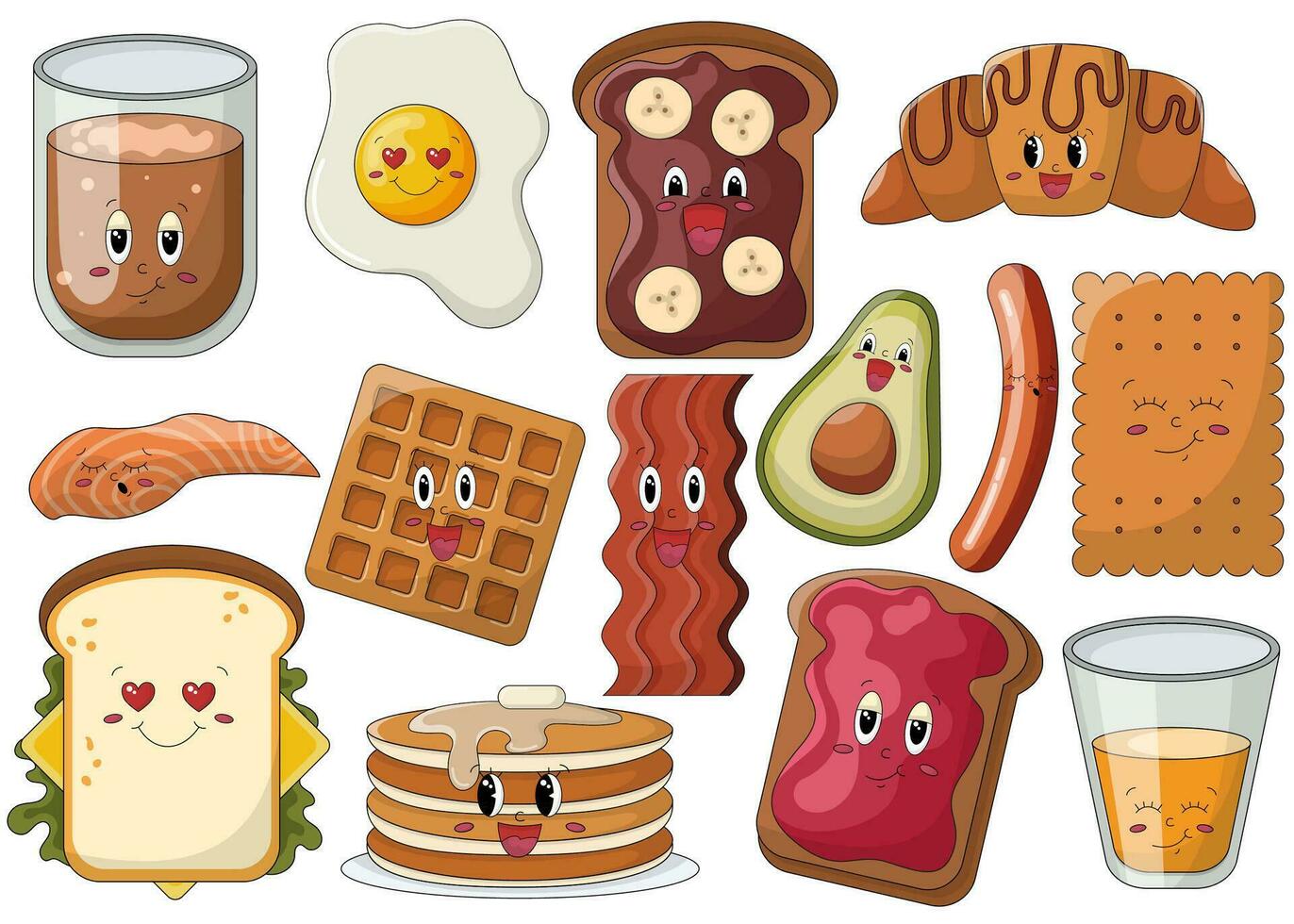 na moda adesivo conjunto com funky Comida personagens para café da manhã. croissant, francês torrada com geléia e noz chocolate espalhar e banana, café, panquecas, waffle, bacon, ovo, suco, salsicha, abacate, salmão vetor