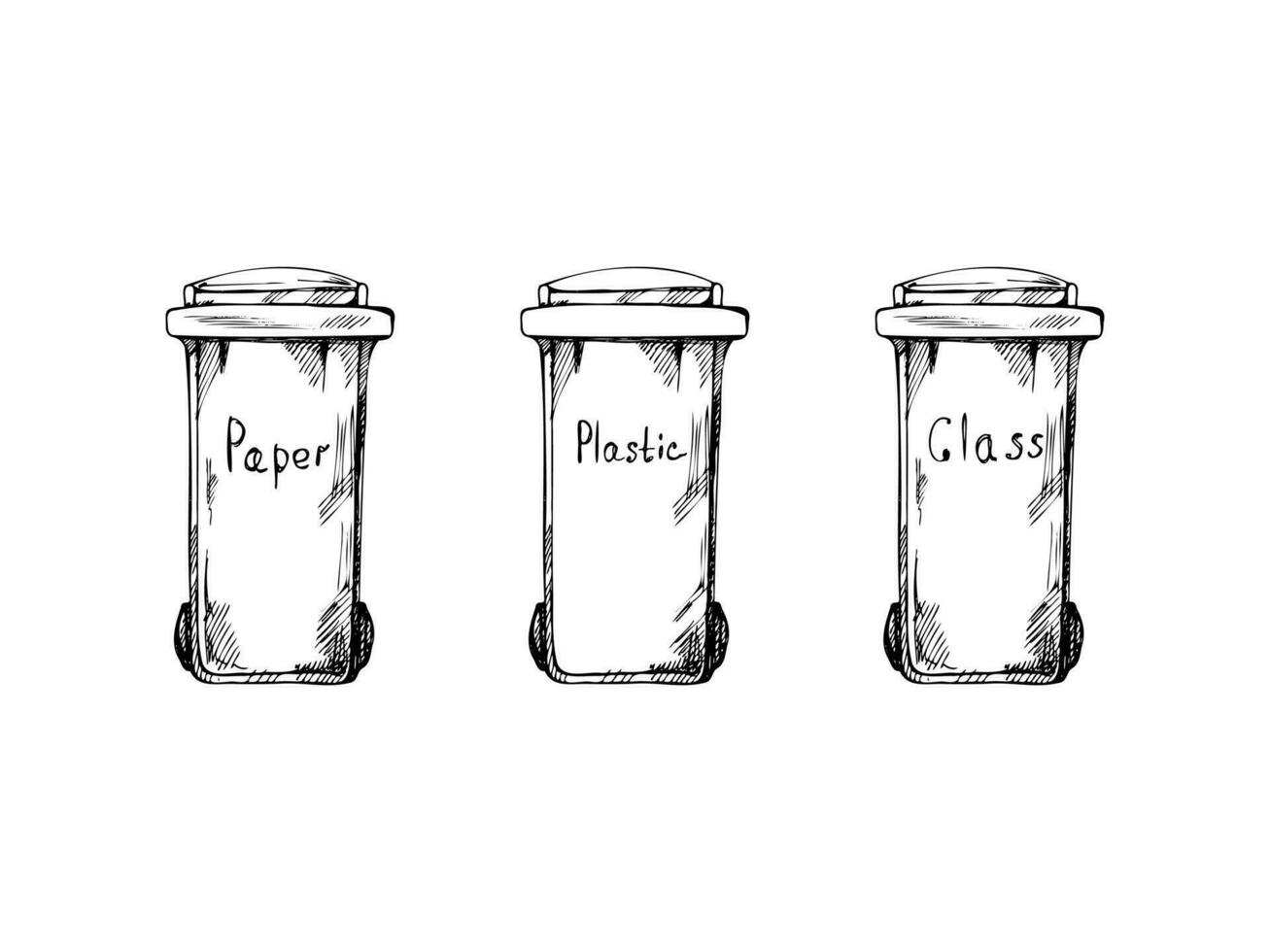 conjunto do desenhado à mão Preto e branco esboços do Lixo recipiente para plástico, papel, vidro. segregar desperdício, Ordenação lixo, desperdício gerenciamento. retro vetor esboço ilustração. doodle.