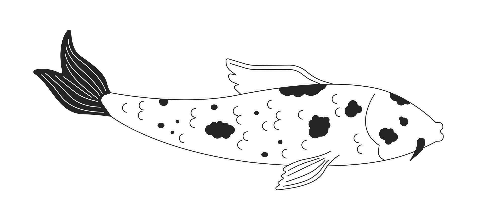manchado nishikigoi Preto e branco 2d linha desenho animado personagem. oriental peixe para japonês lago, jardim aquático isolado vetor esboço animal. mar criatura flutuando monocromático plano local ilustração