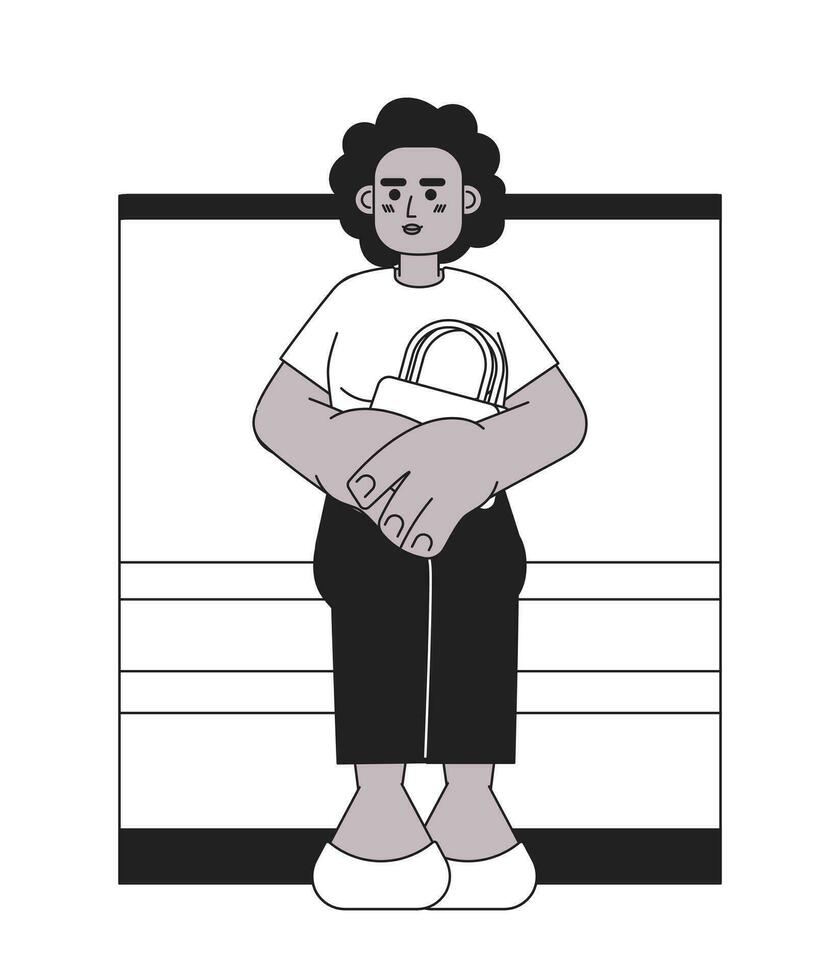 africano americano mulher transporte passageiro Preto e branco 2d desenho animado personagem. Preto fêmea viajante em assento isolado vetor esboço pessoa. metrô pendulares monocromático plano local ilustração