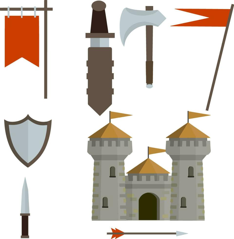castelo medieval com torre, parede, portão, telhado vermelho. conjunto de armas antigas de cavaleiro - espada na bainha, flecha, escudo, bandeira, machado, punhal. armaduras e armas históricas europeias. ilustração plana de desenho animado vetor