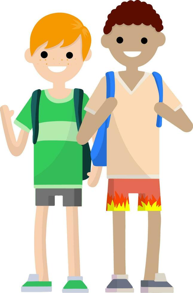 dois aluna amigo com mochilas. homens dentro shorts. uma período de férias dentro a verão temporada. viagem e caminhada. multicultural amigos. por sorte pessoal. desenho animado plano ilustração vetor