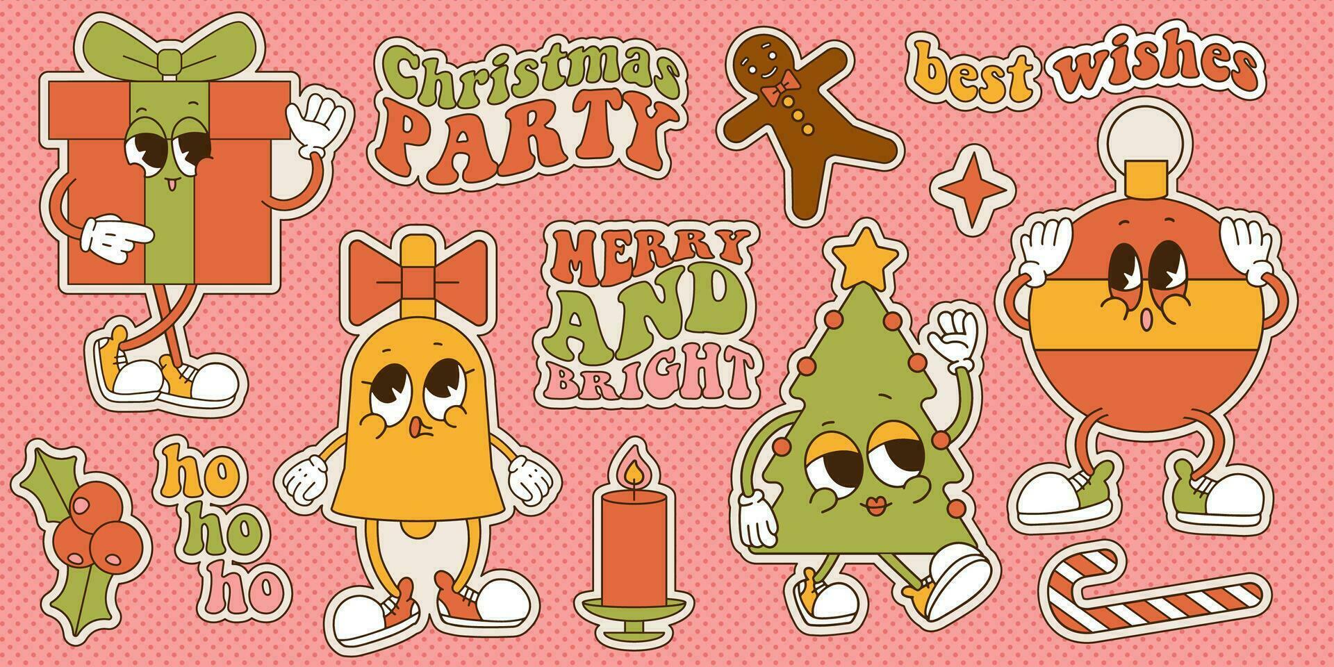 conjunto do groovy Natal retro desenho animado personagens adesivos pacote. vintage mascotes fragmento coleção para natal festa celebração. festivo feriado estação gráfico pacote. vetor contorno ilustração.