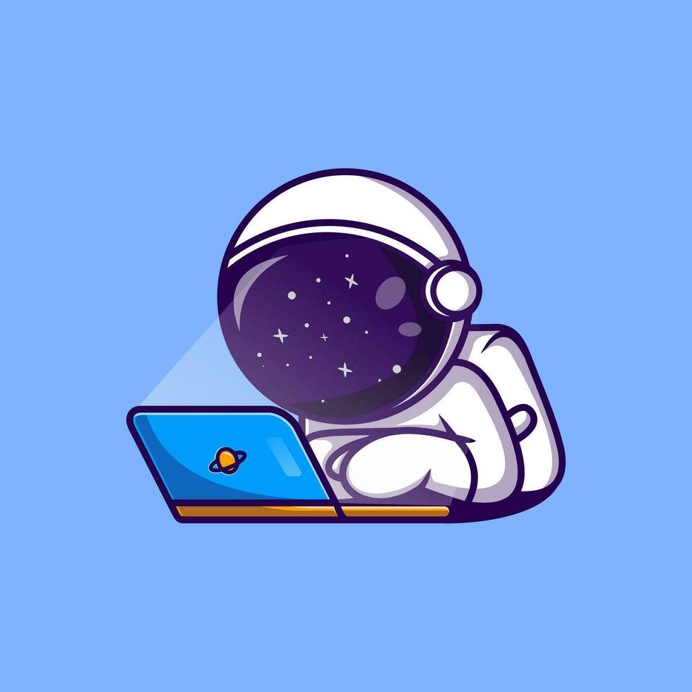 fofa astronauta trabalhando em computador portátil desenho animado vetor ícone ilustração. Ciência tecnologia ícone conceito isolado Prêmio vetor. plano desenho animado estilo