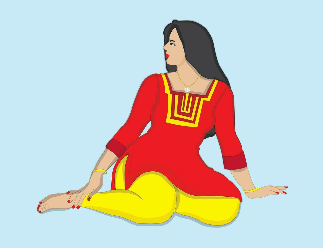 lindo mulheres sentado vestindo vermelho kameez e amarelo pijama vetor