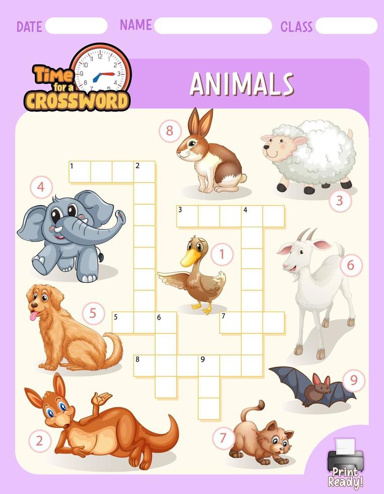 template de jogo de palavras cruzadas sobre animais vetor