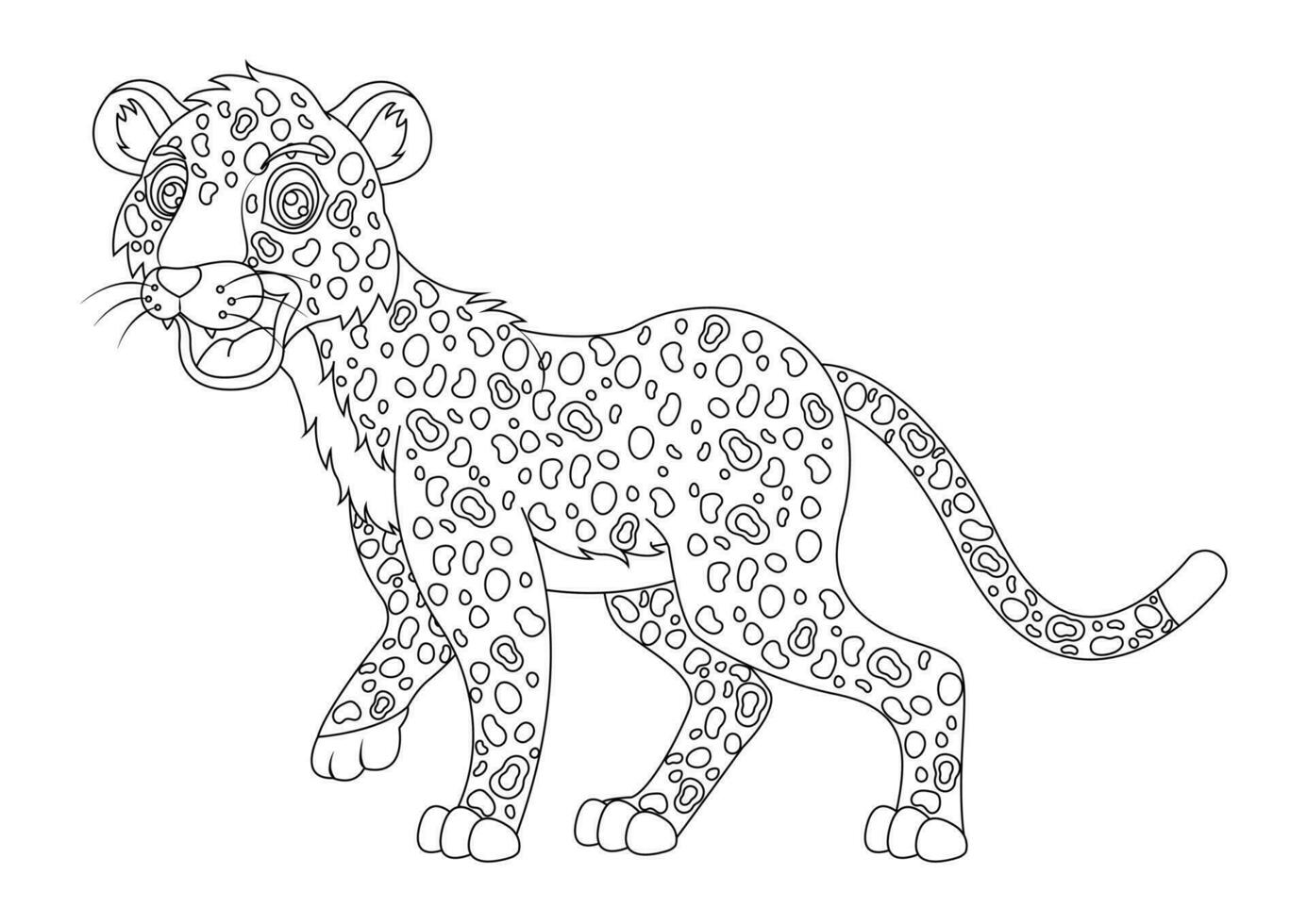 Preto e branco leopardo desenho animado personagem vetor ilustração. coloração página do desenho animado leopardo