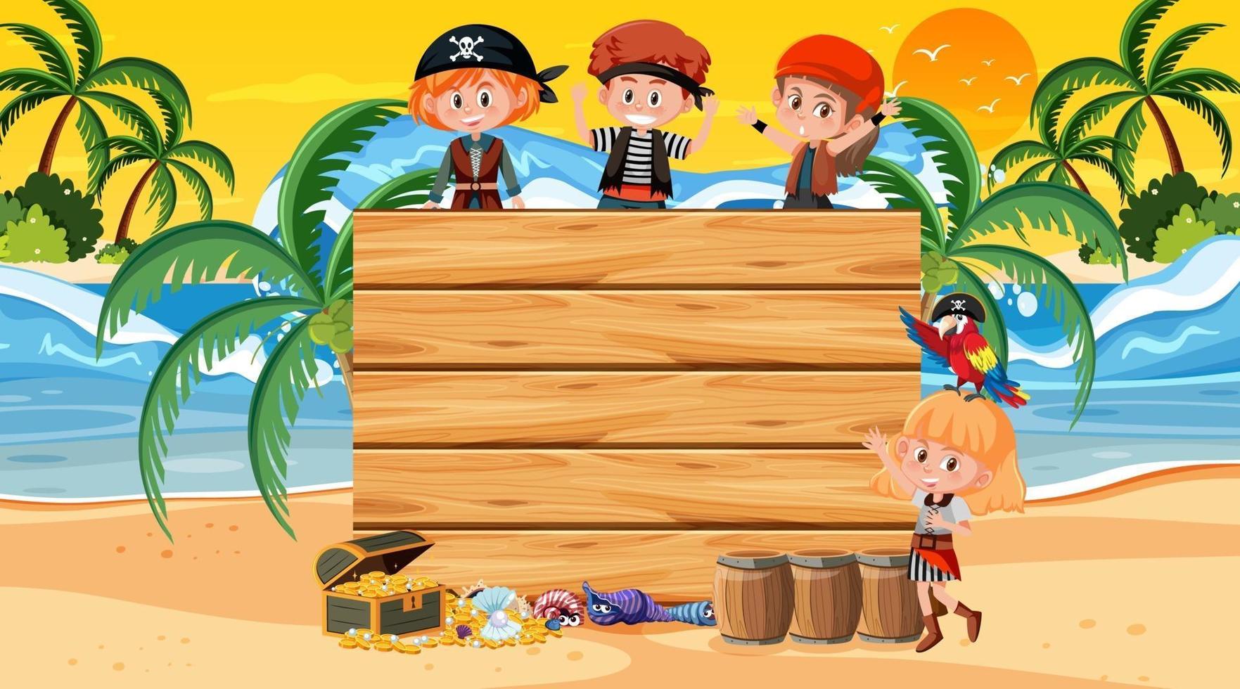 modelo de banner vazio com crianças piratas na cena do pôr do sol na praia vetor