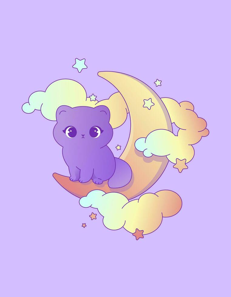 vetor kawaii ilustração do gatinha em a lua delicado pastel cores