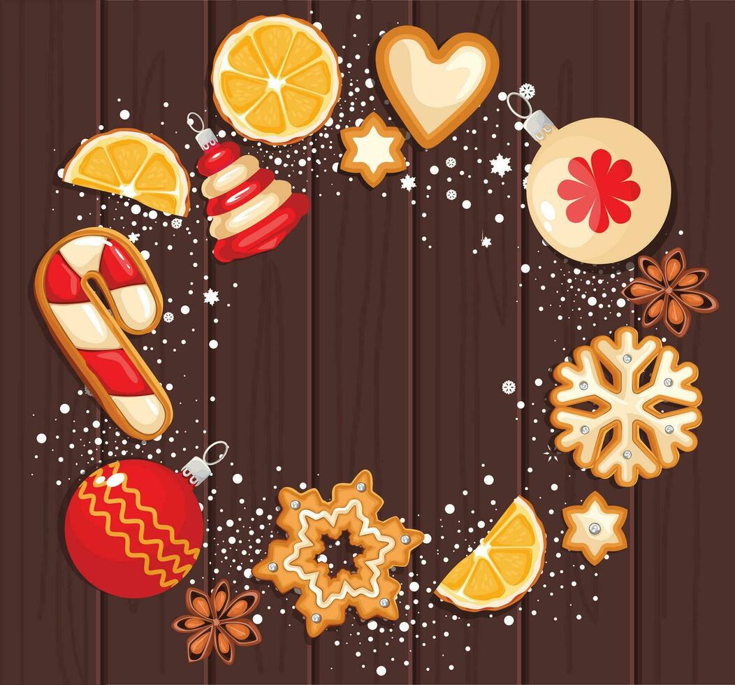 Natal Pão de gengibre biscoitos dentro uma volta forma, para usar Como uma poster ou fundo. decorado com neve, flocos de neve e miçangas. vetor ilustração