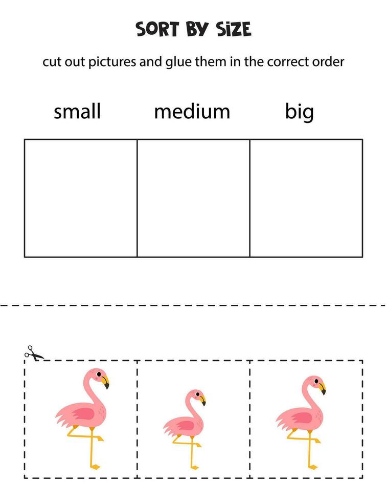 ordenar fofa Rosa flamingo de tamanho. educacional planilha para crianças. vetor
