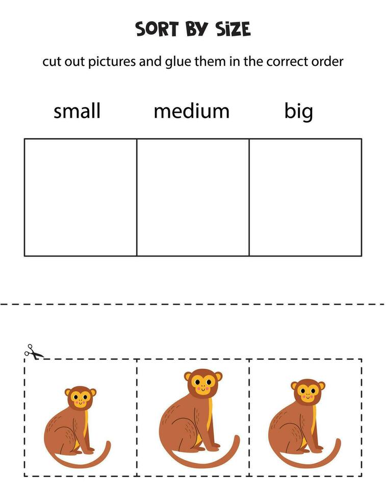 ordenar fofa Castanho macaco de tamanho. educacional planilha para crianças. vetor