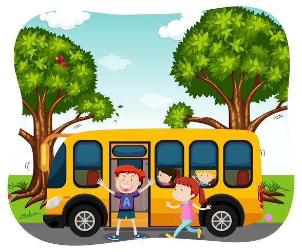 Alunos e ônibus escolar vetor