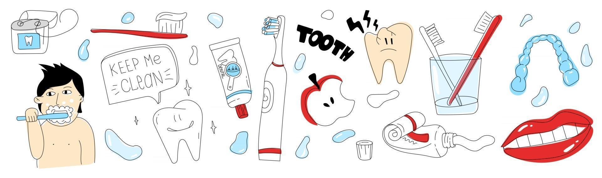conjunto de doodle de cuidados dentários ferramentas de ilustração de cuidados dentários simples para dentes vetor