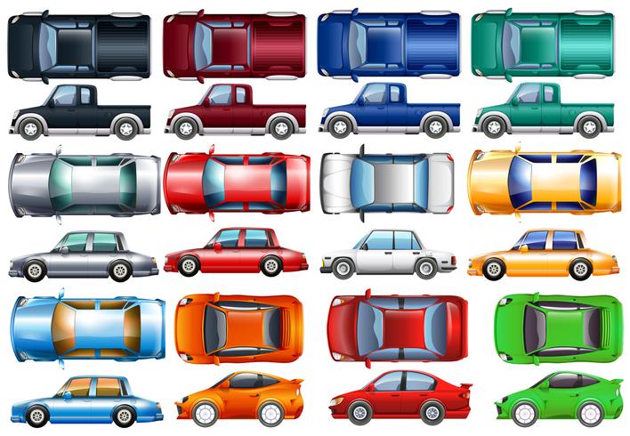 Conjunto de carros e caminhões em muitas cores vetor
