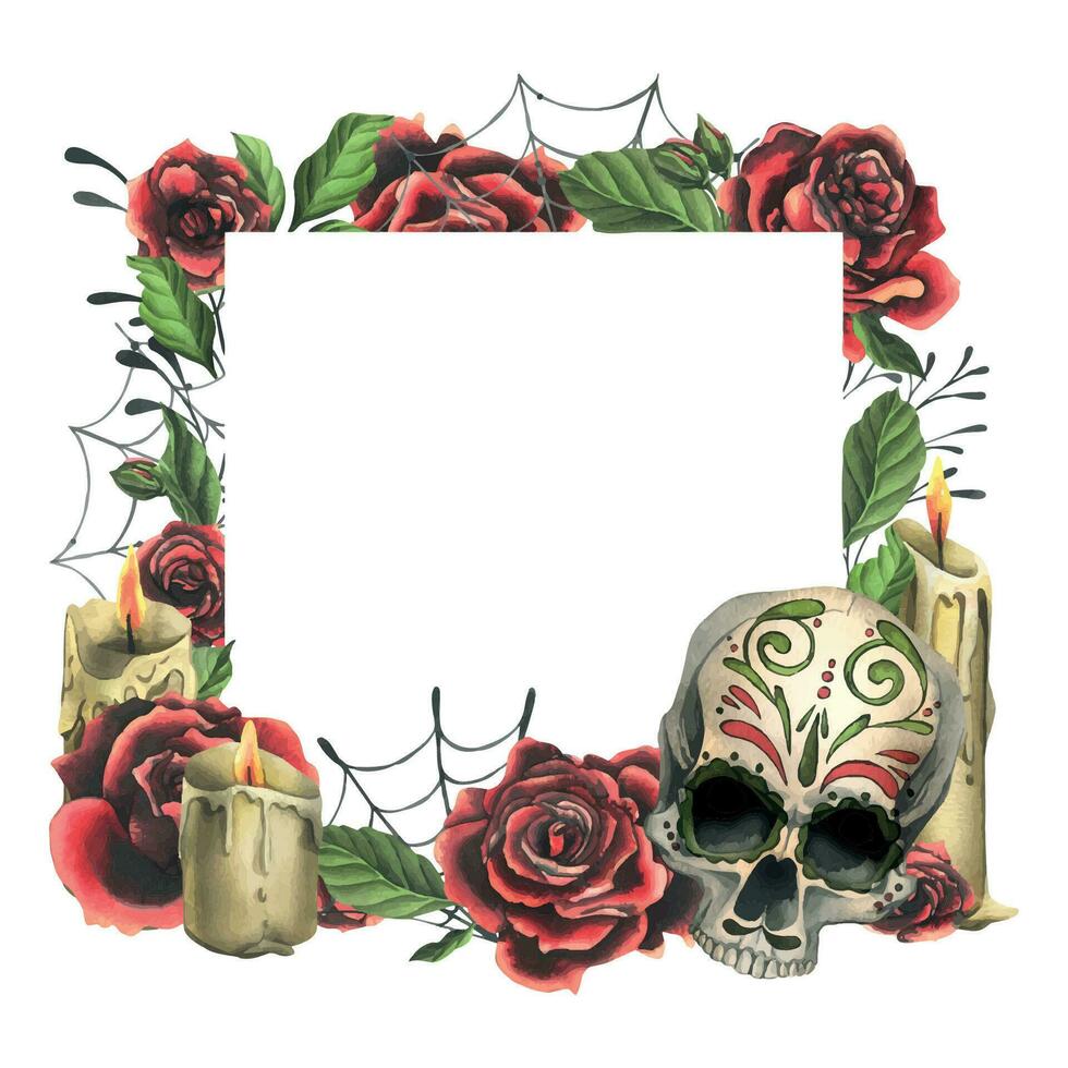 ornamentado humano crânio com vermelho rosas, velas e teias de aranha. mão desenhado aguarela ilustração para dia do a morto, dia das Bruxas, dia de los mortos. quadrado quadro, modelo vetor