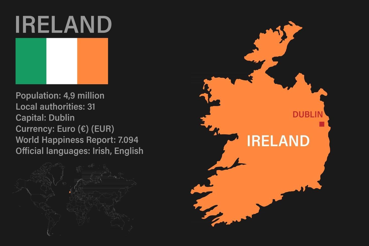 mapa altamente detalhado da Irlanda com bandeira, capital e um pequeno mapa do mundo vetor