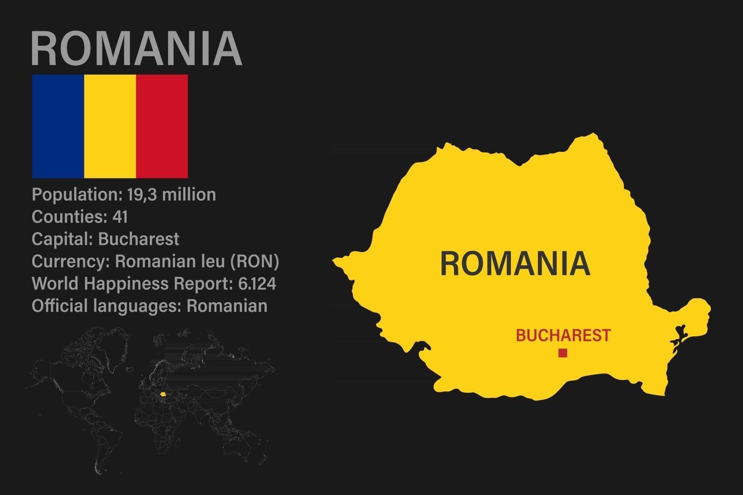 mapa altamente detalhado da Romênia com bandeira, capital e um pequeno mapa do mundo vetor