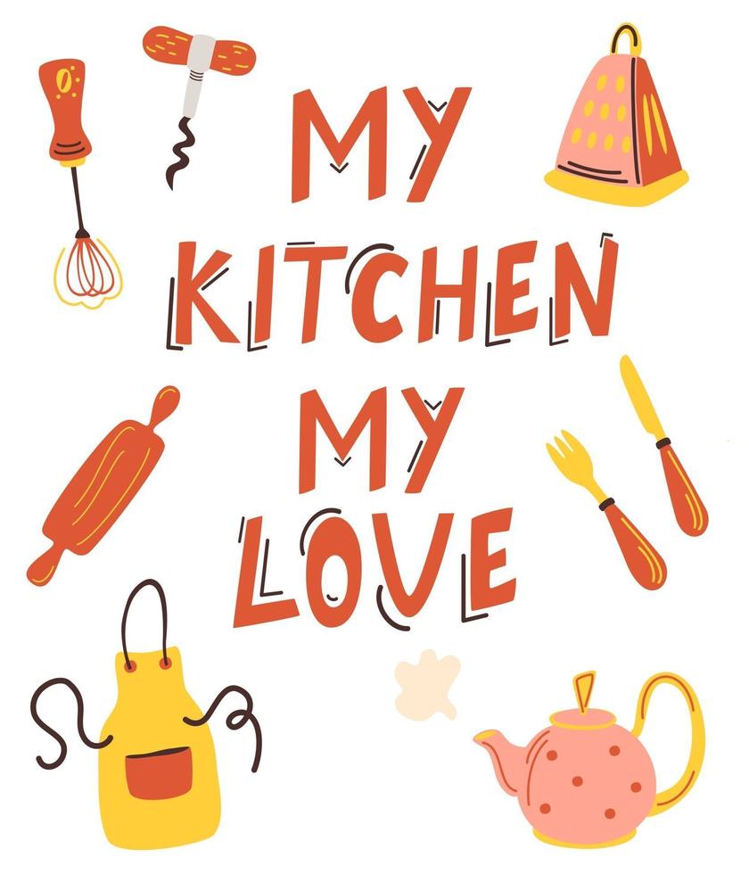 ilustração vetorial minha cozinha meu amor e itens de cozinha vetor