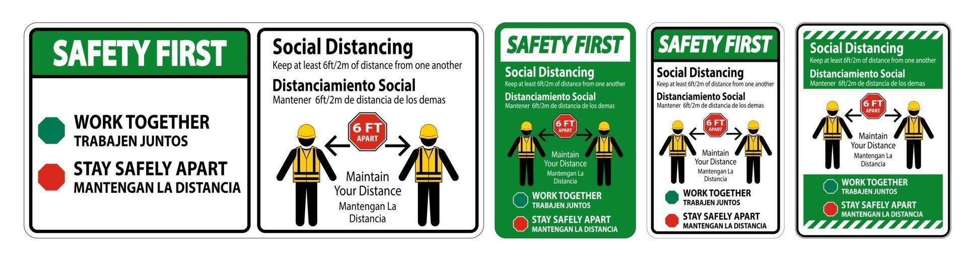 segurança primeiro sinal de construção de distanciamento social bilíngue vetor