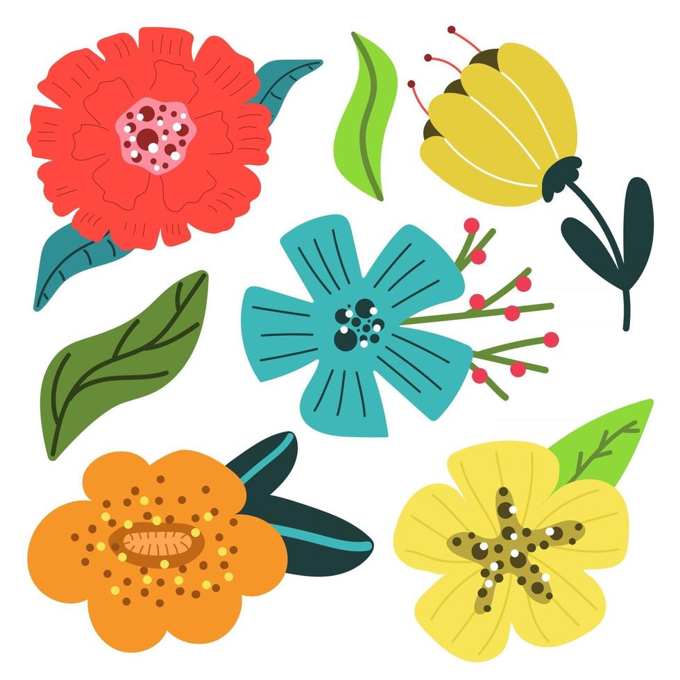 conjunto de flores modernas brilhantes com folhas. ilustração plana. vetor