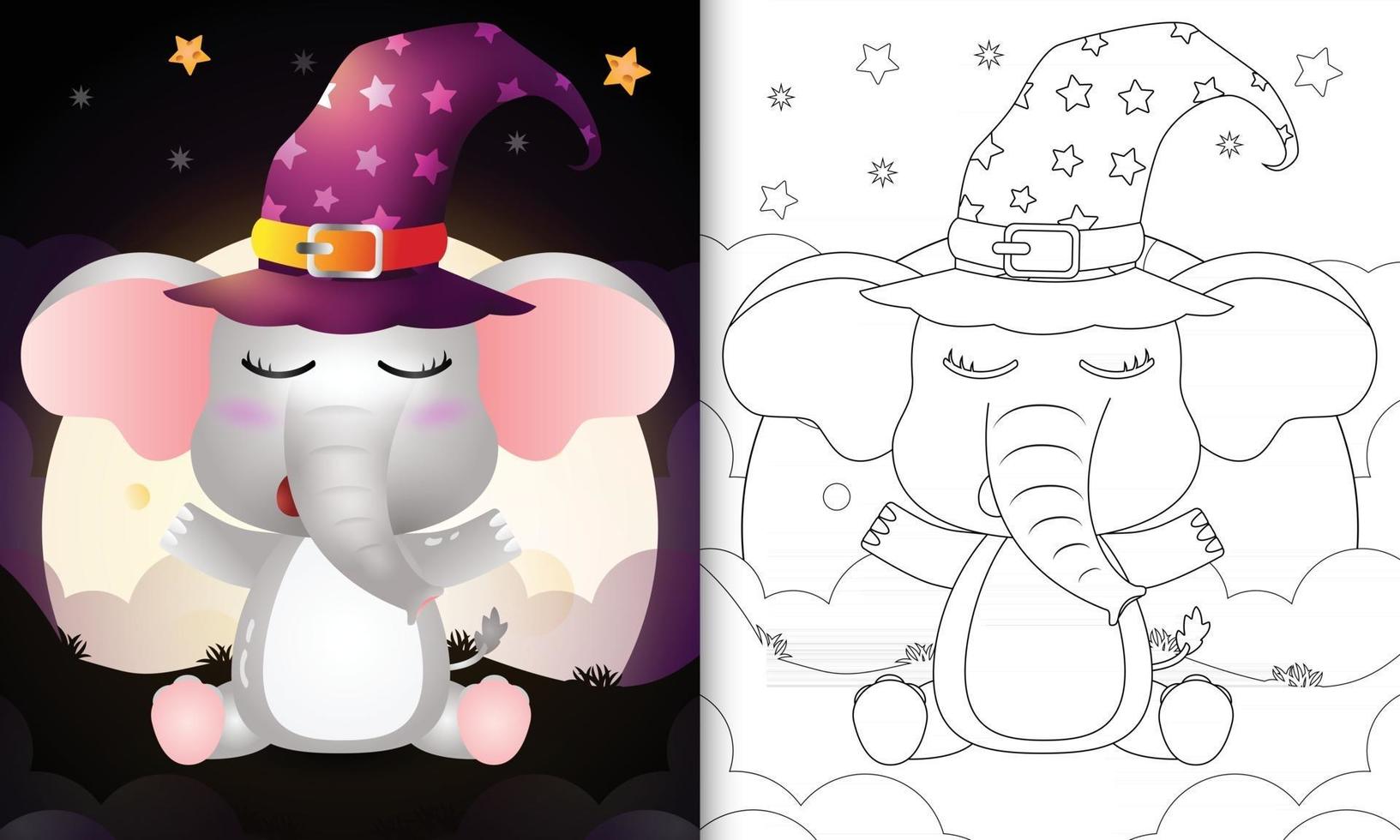 livro para colorir com um fofo elefante bruxa de halloween vetor