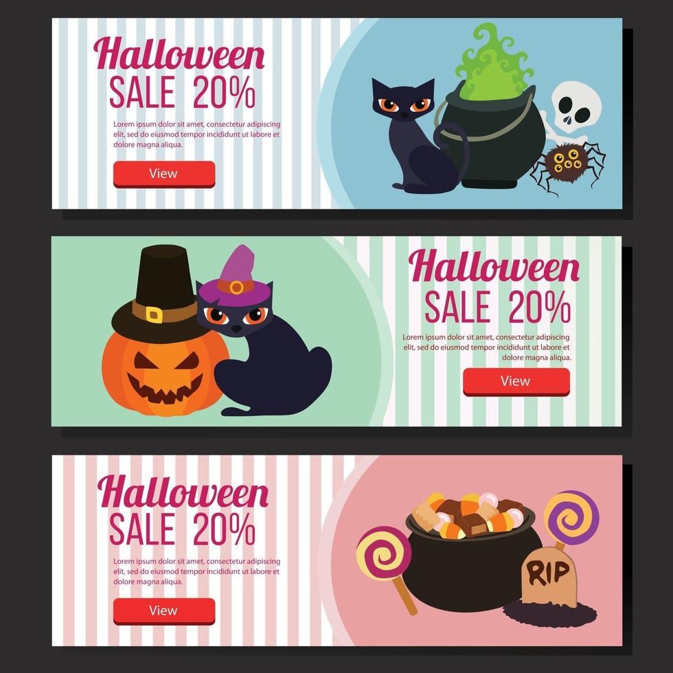 web banner de venda plana de halloween conjunto magia gato preto vetor