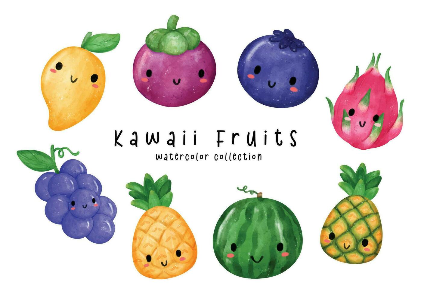 aguarela kawaii frutas coleção com fofa face, manga, abacaxi vetor