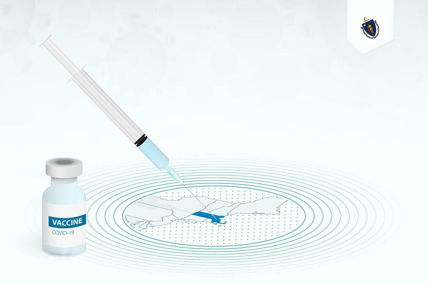 covid-19 vacinação dentro massachusetts, coronavírus vacinação ilustração com vacina garrafa e seringa injeção dentro mapa do massachusetts. vetor