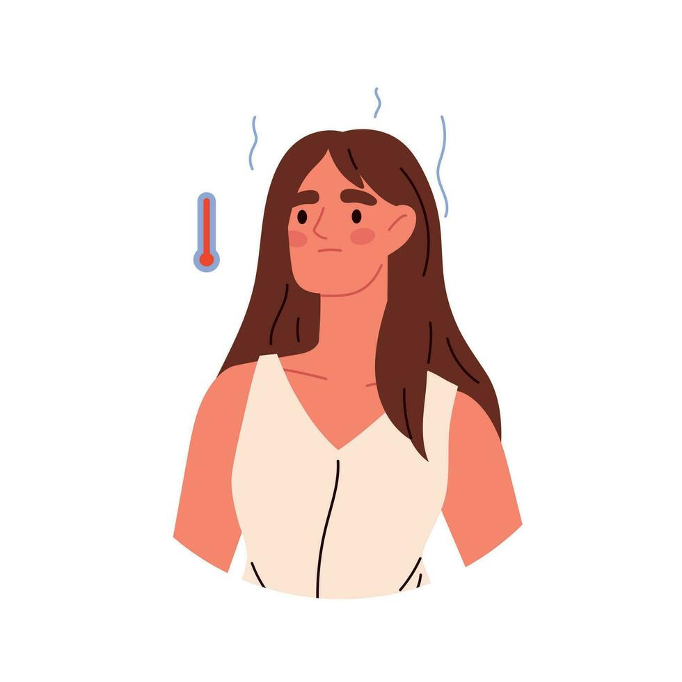 doente pessoa personagem definir. mulher com gripe e gripe sintomas. personagens com febre, dor de cabeça, e frio. plano ilustrações isolado em branco fundo. vetor