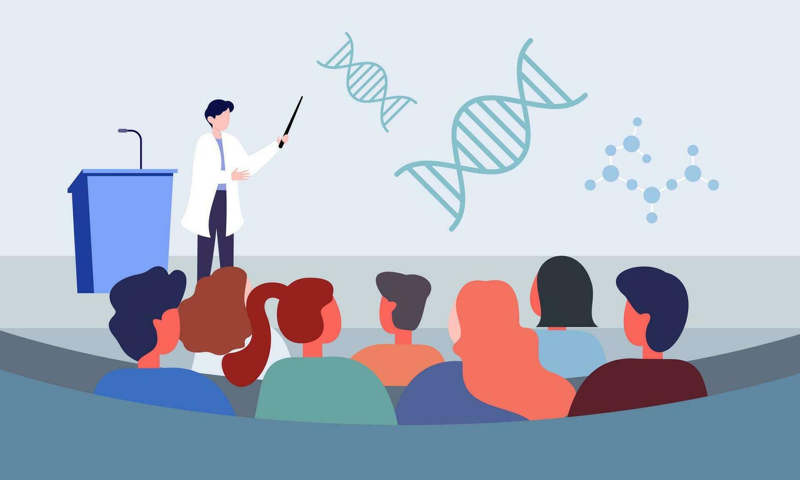 desenho animado farmacêutico dando apresentação em seminário. médico fazer anúncio para público plano vetor ilustração. assistência médica, medicamento, encontro conceito