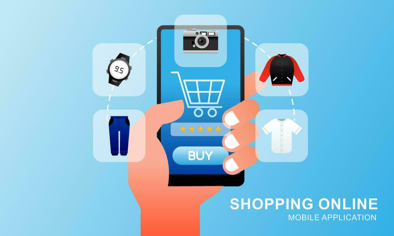 compras conectados em local na rede Internet dentro Móvel aplicativo. digital conectados marketing conceito vetor