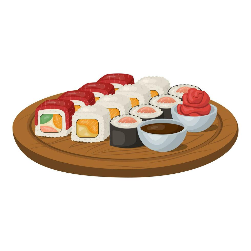 uma conjunto do rolos, Sushi, japonês pratos. vetor ilustração em uma branco fonema. vetor ilustração.