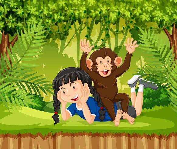 Uma menina e um macaco na selva vetor
