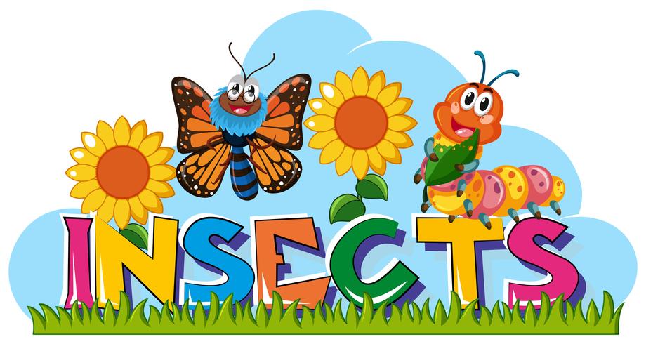 Wordcard para insetos com borboleta e lagarta vetor