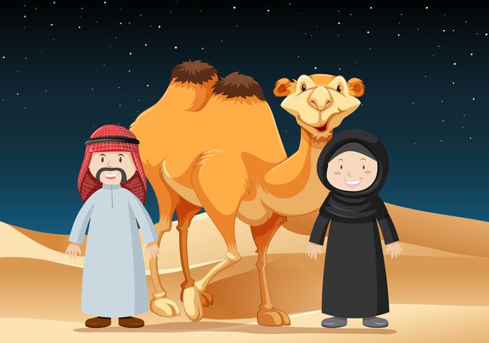 As pessoas viajam no deserto com camelo vetor