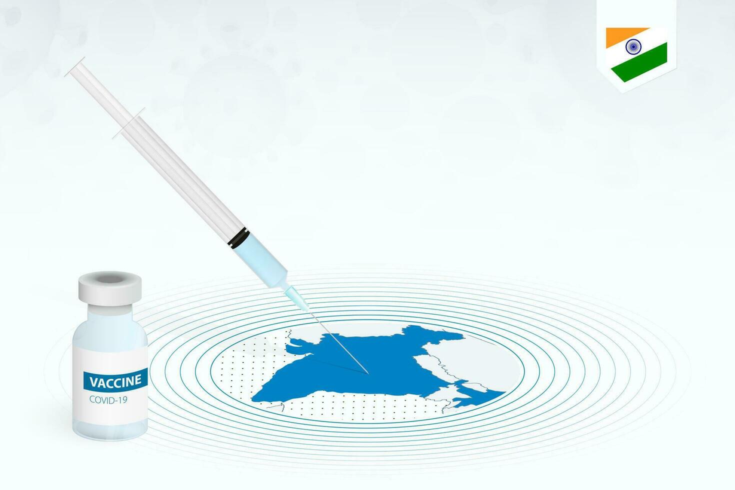 covid-19 vacinação dentro Índia, coronavírus vacinação ilustração com vacina garrafa e seringa injeção dentro mapa do Índia. vetor