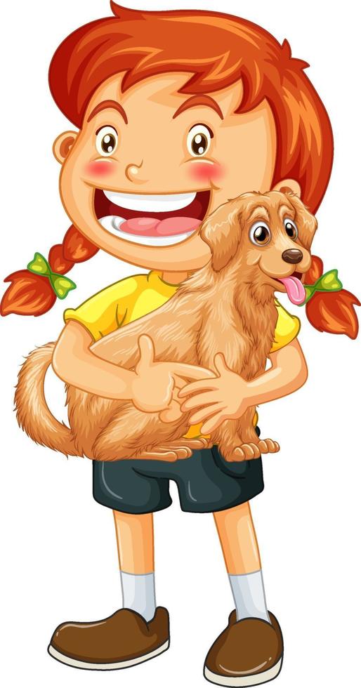 personagem de desenho animado de garota feliz abraçando um cachorro fofo vetor