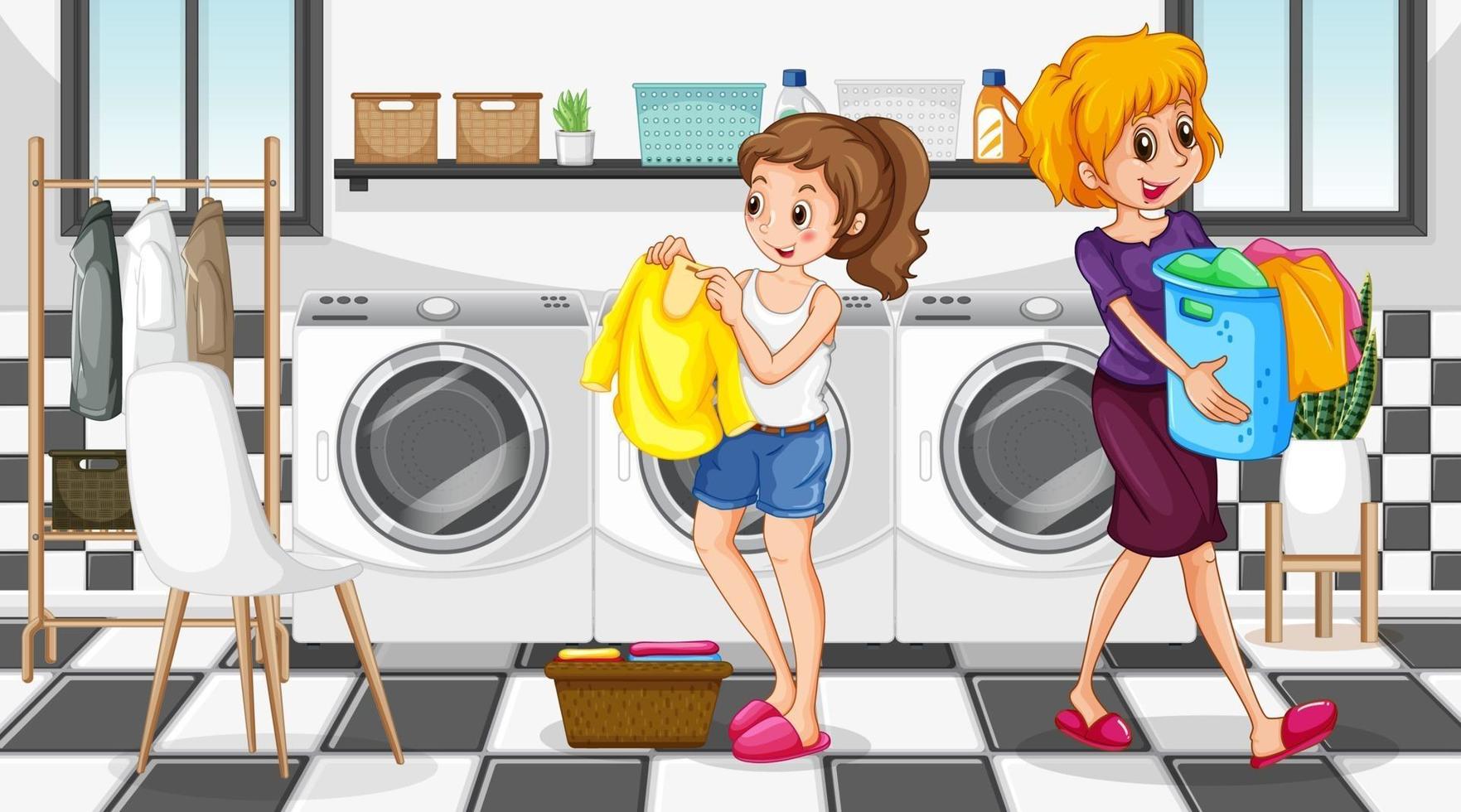 cena da lavanderia com personagem de desenho animado de duas mulheres vetor