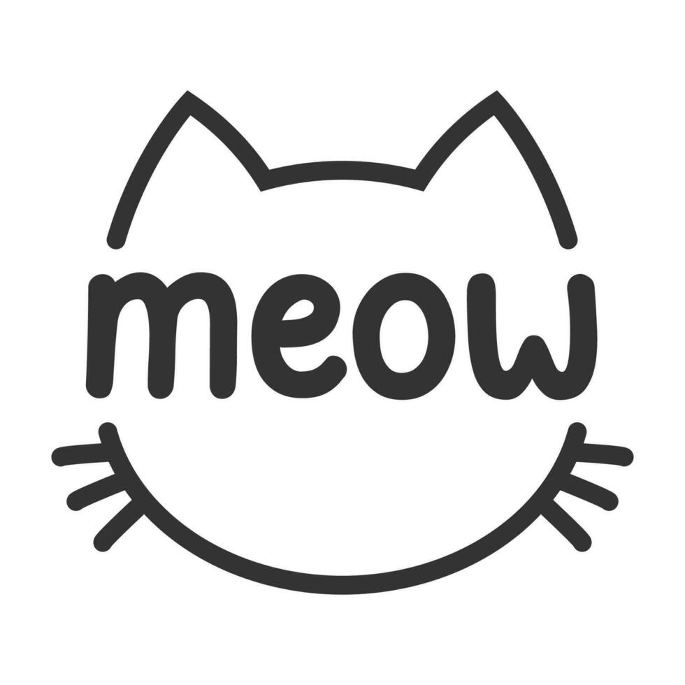 Miau letras dentro gato cabeça pictograma, com orelhas e bigodes. fofa Projeto para felino amantes e gato mães. vetor