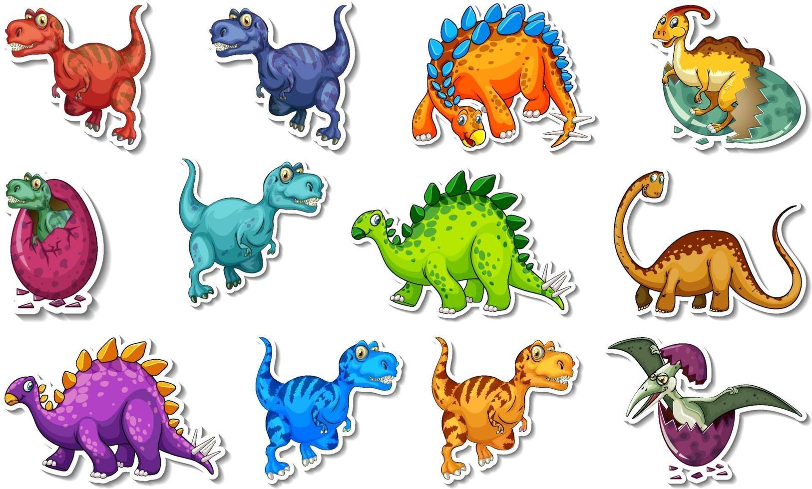 Conjunto de adesivos com diferentes tipos de personagens de desenhos animados de dinossauros vetor