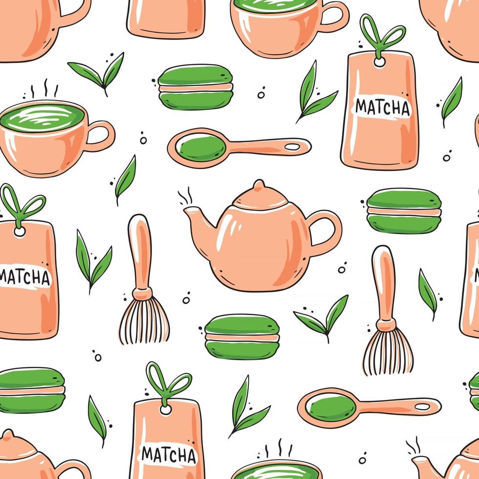 padrão sem emenda de elementos de chá matcha de mão desenhada. vetor