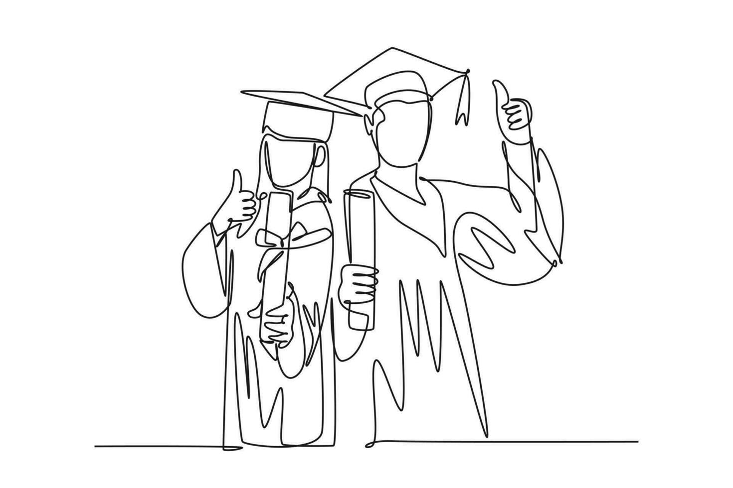 solteiro contínuo linha desenhando jovem feliz casal masculino e fêmea aluna vestindo graduação uniforme, segurando a diploma certificado papel. Educação. 1 linha desenhar gráfico Projeto vetor ilustração