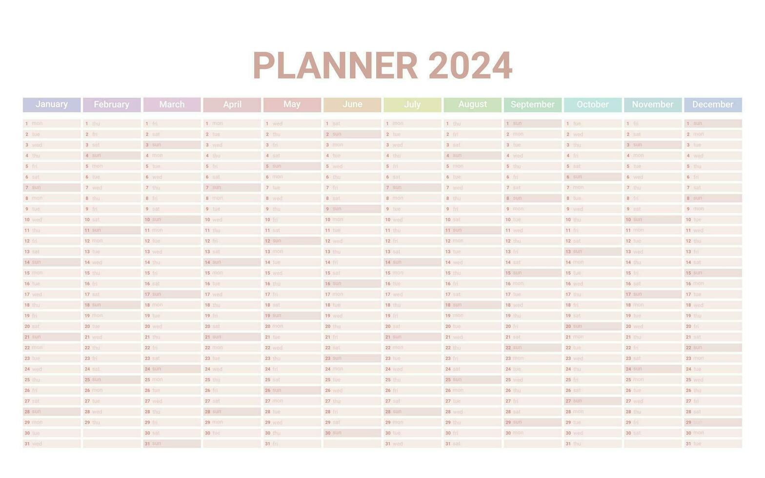 planejador Inglês calendário do 2024 ano, modelo cronograma calendário com 12 vertical meses em 1 página. parede organizador, anual planejador modelo. vetor