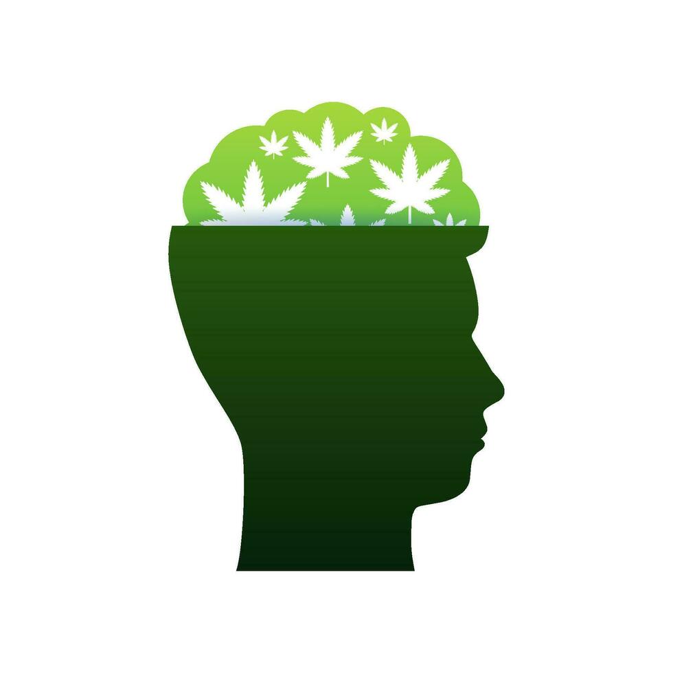 desenho animado verde humano cérebro cannabis. cérebro com maconha folhas. médico tratamento. vetor estoque ilustração