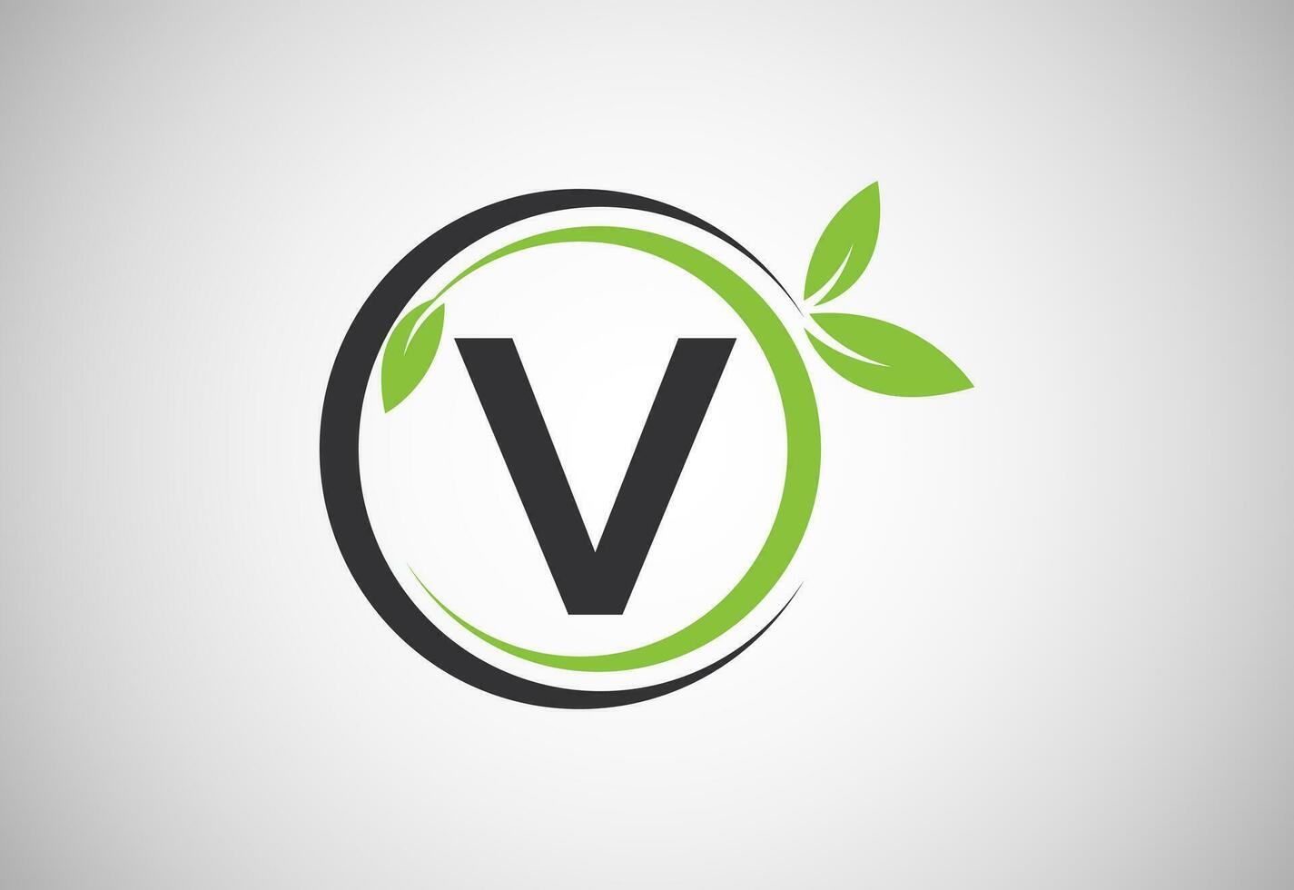 Inglês alfabeto v com verde folhas. orgânico, ecológico logotipo Projeto vetor modelo