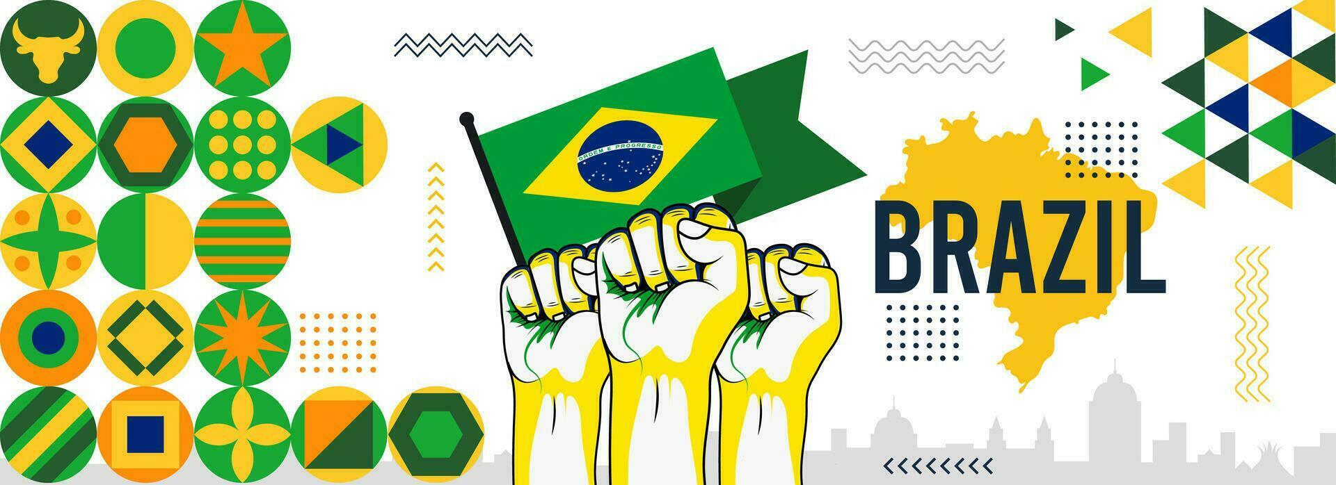 Brasil independência dia celebração bandeira com Forte elevado punhos. bandeira e mapa do Brasil moderno retro Projeto com abstrato ícones. vetor ilustração.